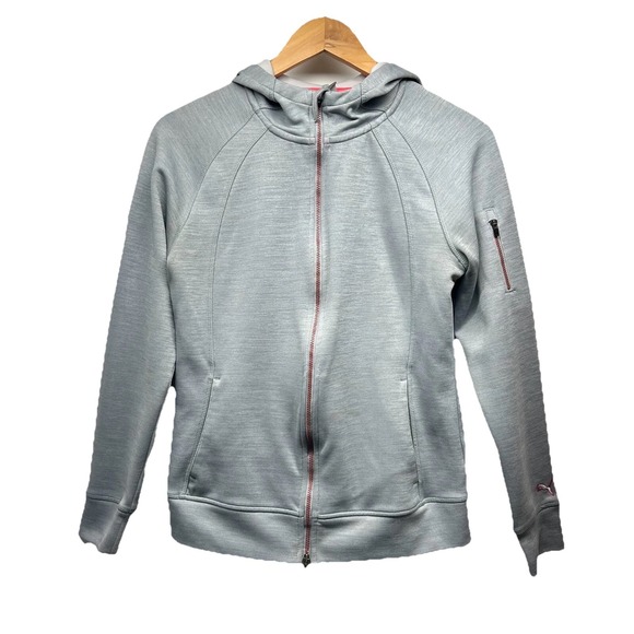 PUMA PWRWARM Full Zip Hoodie Women's Size M Light Gray Athletic Jacket Pink Trim - Picture 1 of 10